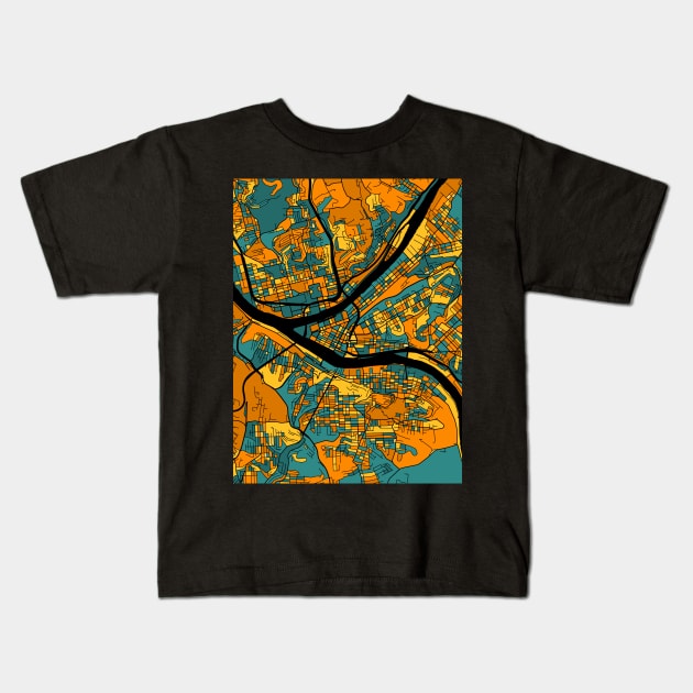 Pittsburgh Map Pattern in Orange & Teal Kids T-Shirt by PatternMaps